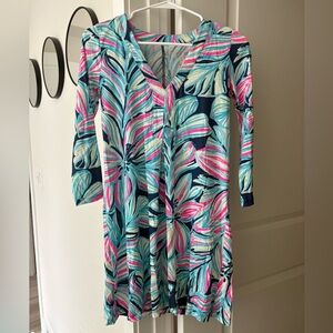 Lilly Pulitzer Cori mini  Teal Navy & Pink Floral V-Neck Long Sleeve Dress XXS